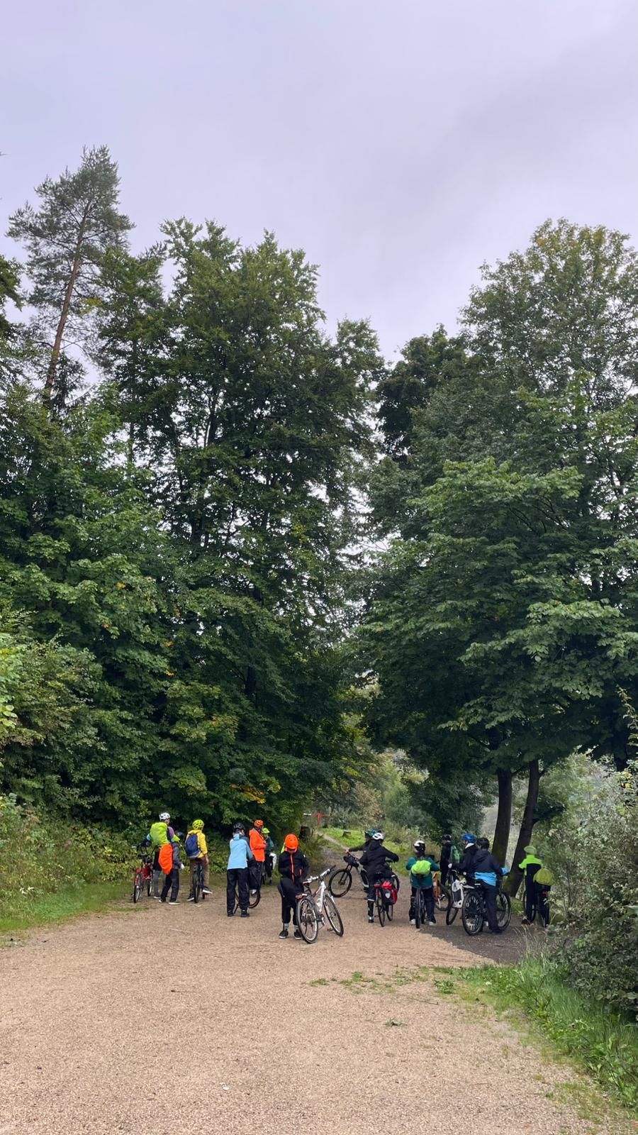 Schüler machen Pause auf einem Waldweg